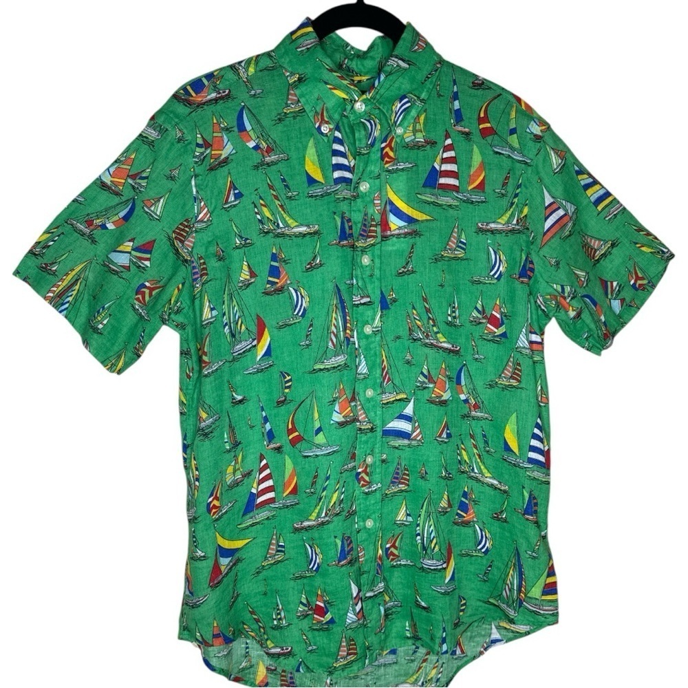Ralph Lauren Green Sailboat Print Short Sleeve Button-Down Shirt